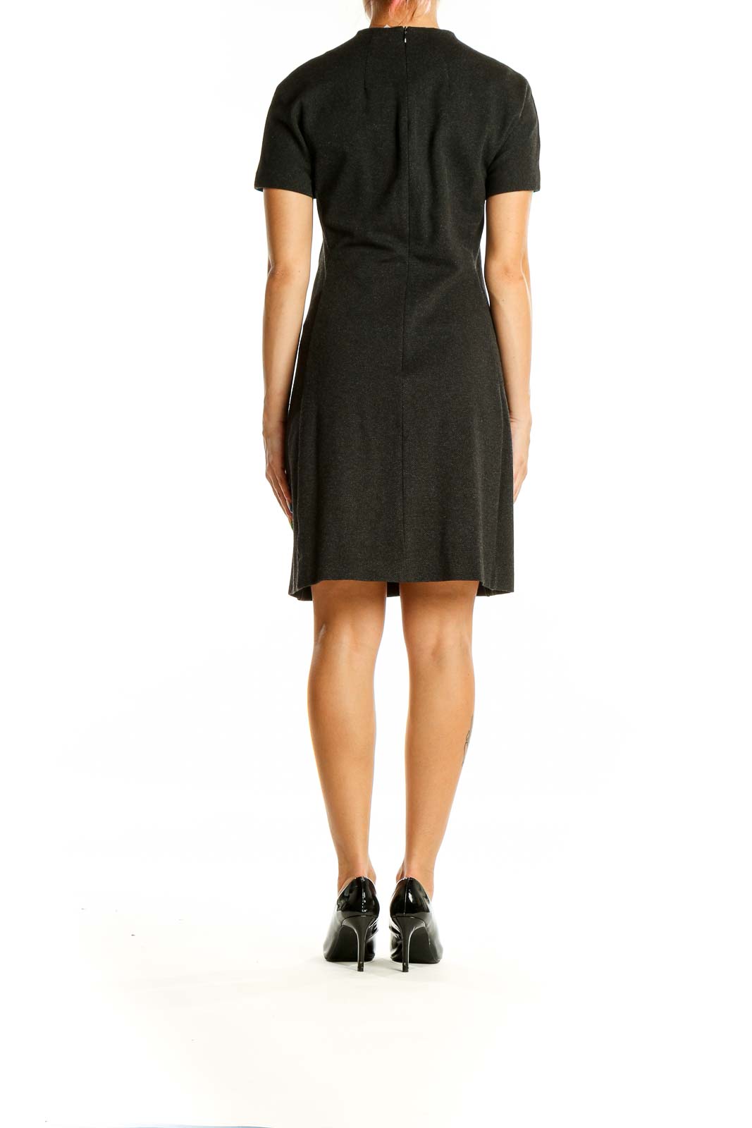 Back view of Theory charcoal short-sleeve fitted dress