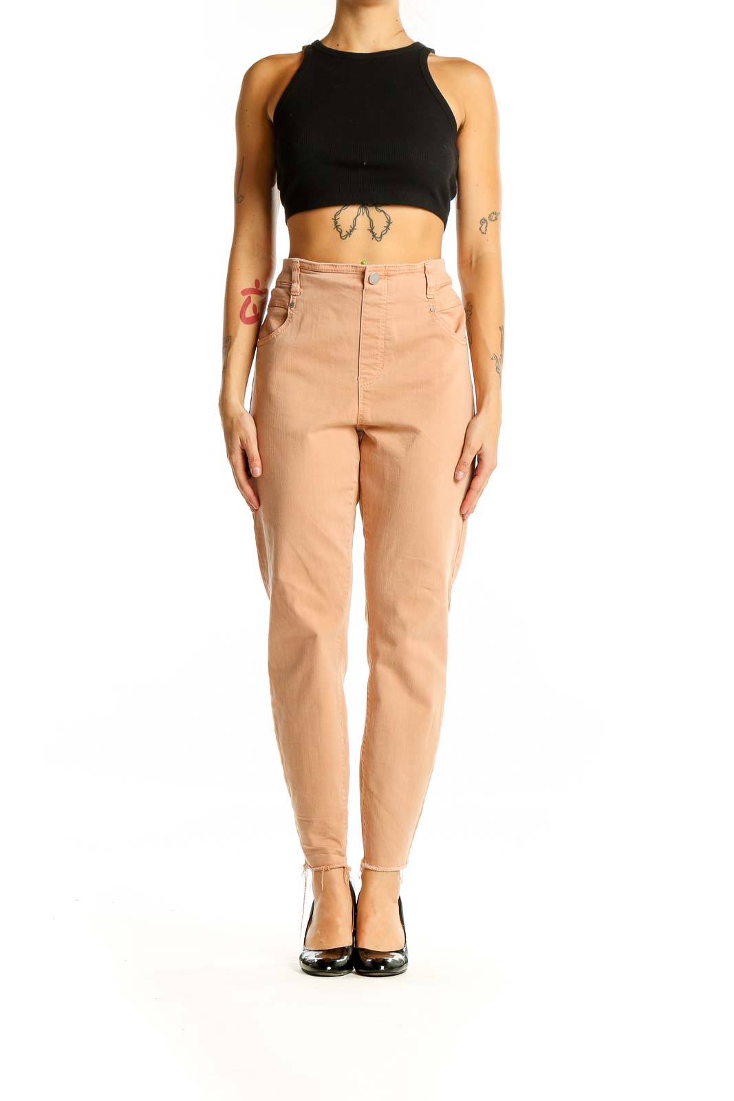 Front view of Liverpool Los Angeles peach high-waisted slim fit jeans