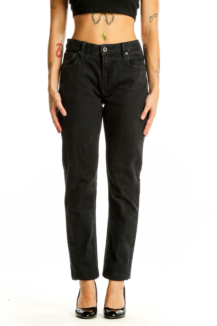 Front view of Scotch & Soda black straight leg jeans on model