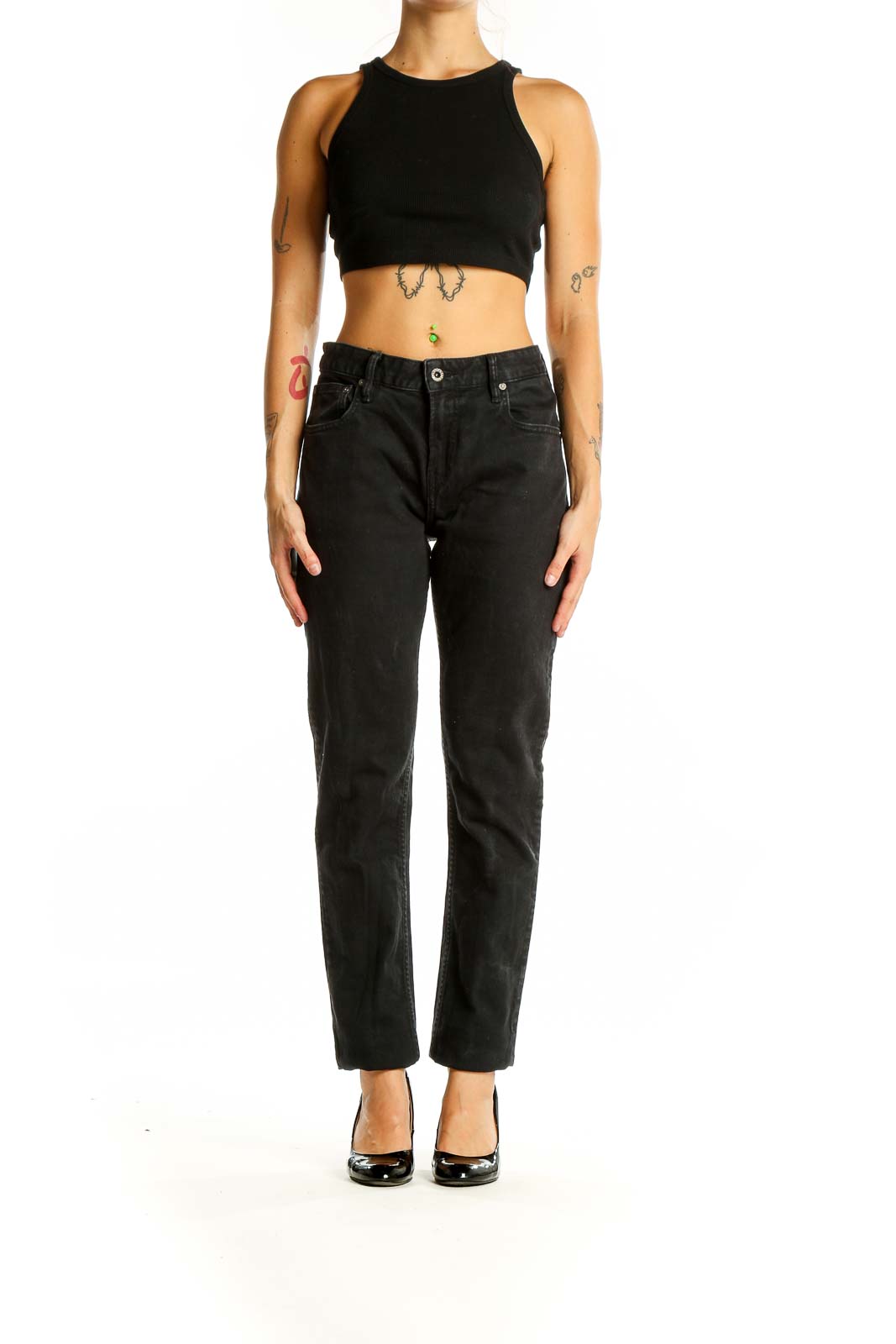 Front view of Scotch & Soda black straight leg jeans on model