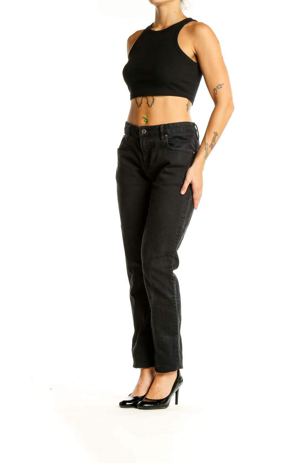 Front view of Scotch & Soda black straight leg jeans on model