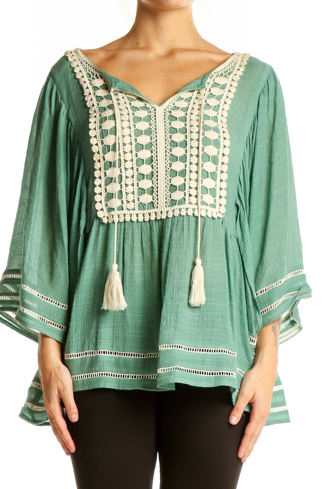 Front view of Entro sage green blouse with crochet trim and bell sleeves