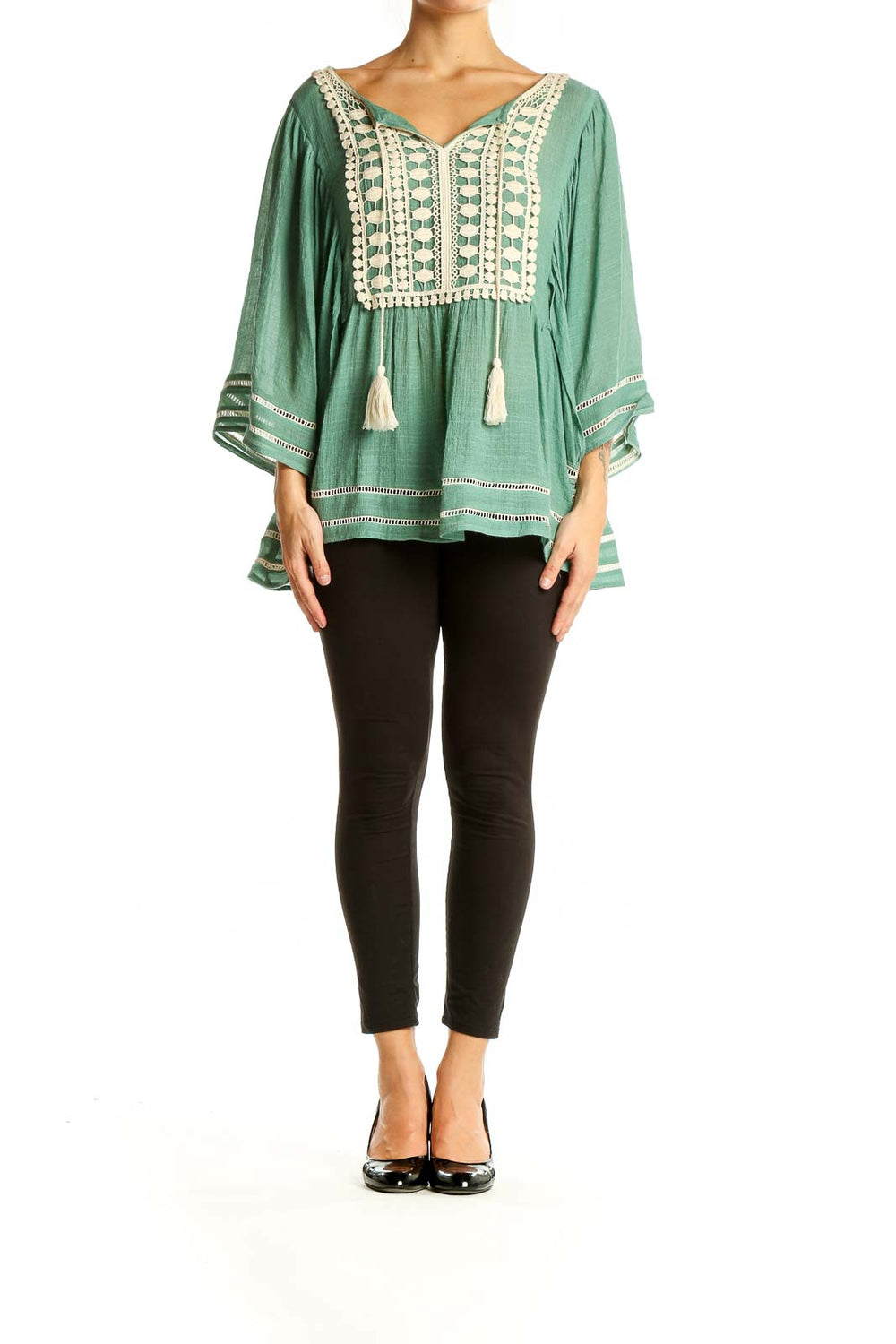 Front view of Entro sage green blouse with crochet trim and bell sleeves