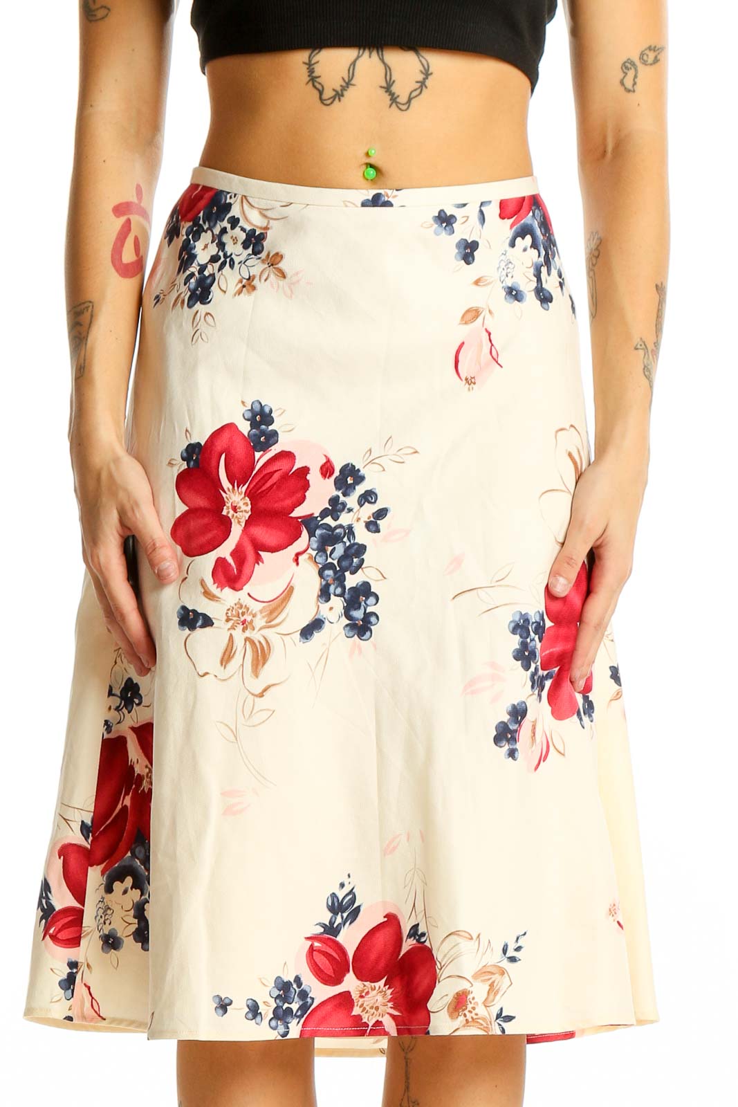 Front view of Ann Taylor LOFT cream floral A-line midi skirt with red and navy accents