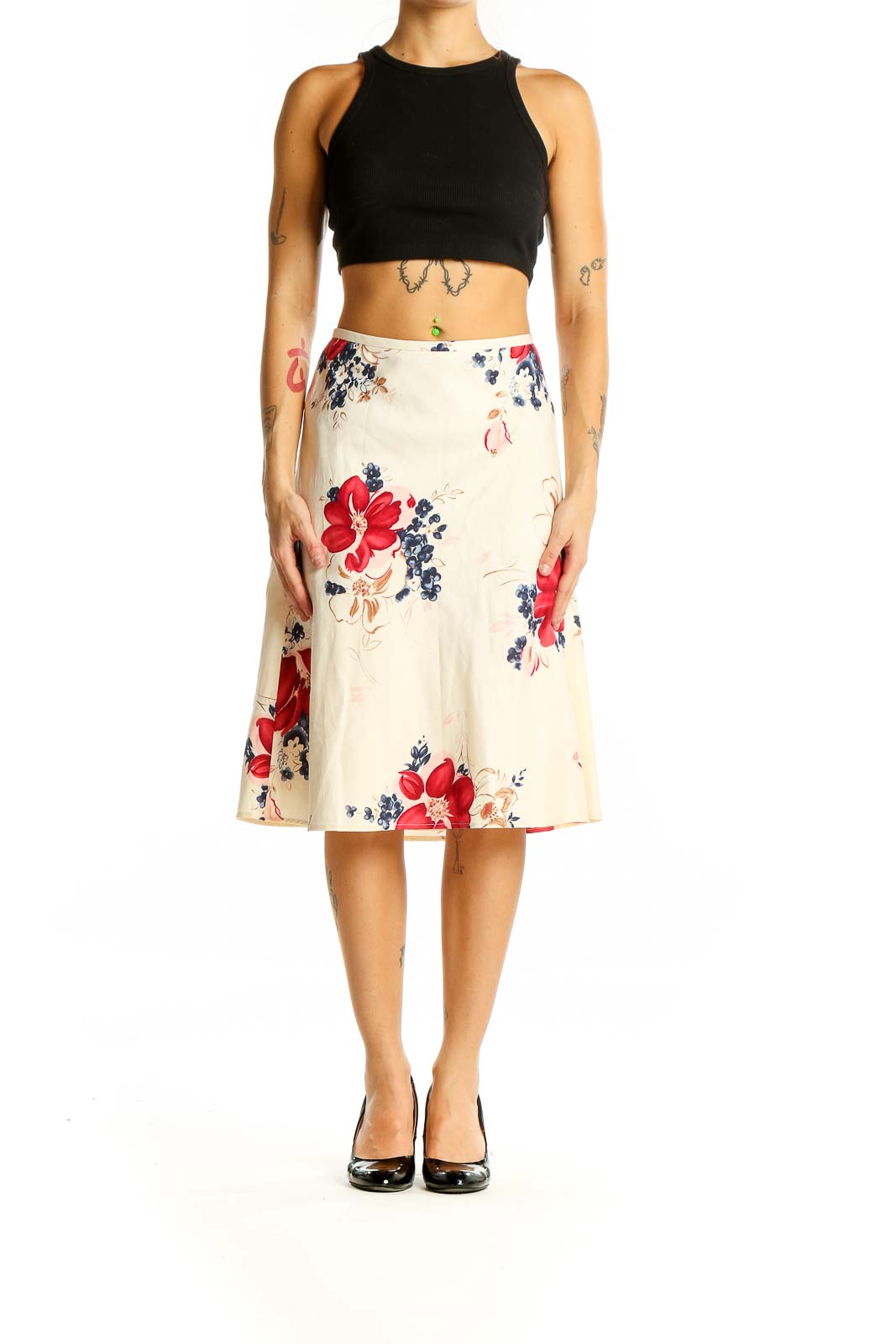 Front view of Ann Taylor LOFT cream floral A-line midi skirt with red and navy accents