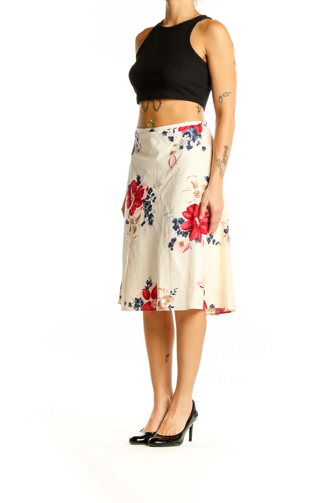 Front view of Ann Taylor LOFT cream floral A-line midi skirt with red and navy accents