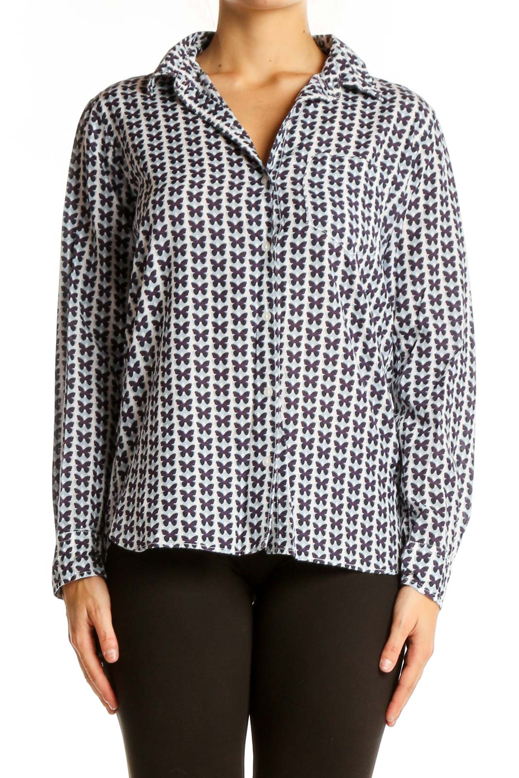 Front view of Gap white button-up shirt with black butterfly print