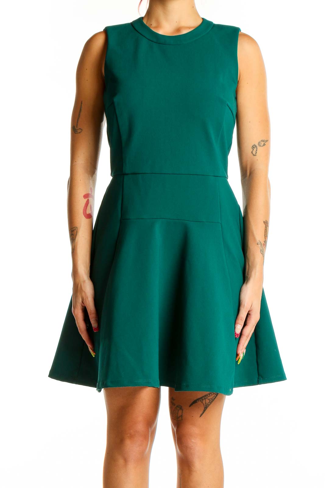 Front view of Madewell emerald green sleeveless fit-and-flare dress