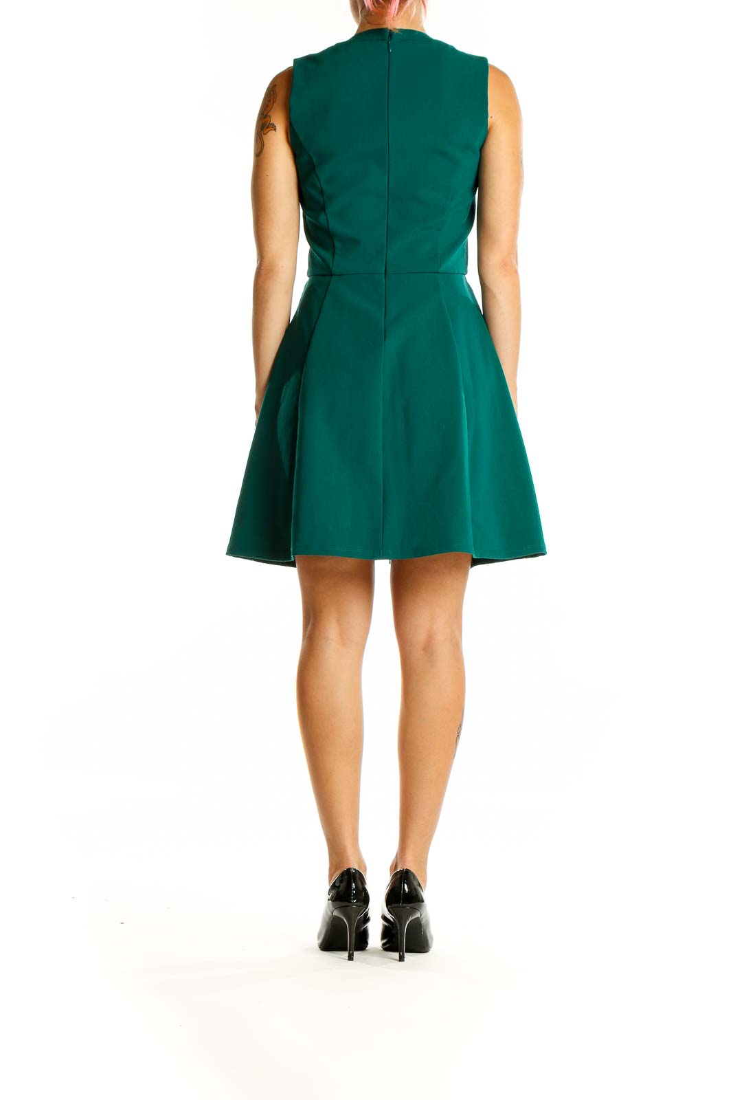 Back view of Madewell emerald green sleeveless fit-and-flare dress