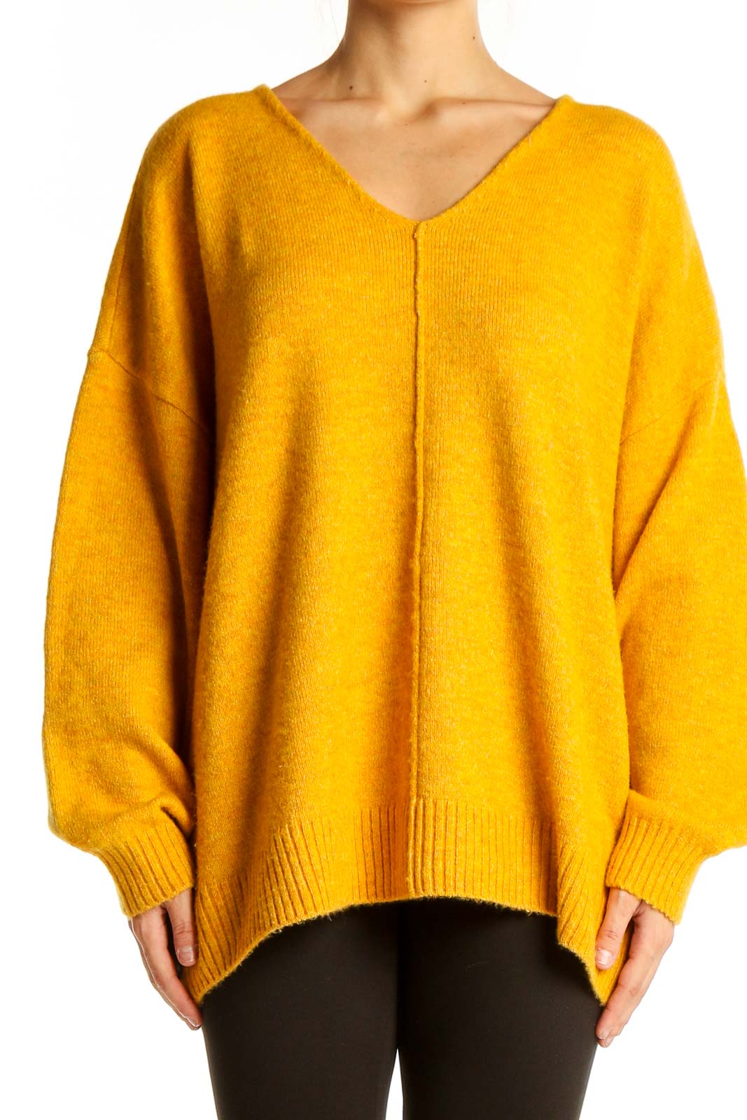 Front view of Vince Camuto yellow oversized V-neck knit sweater with balloon sleeves