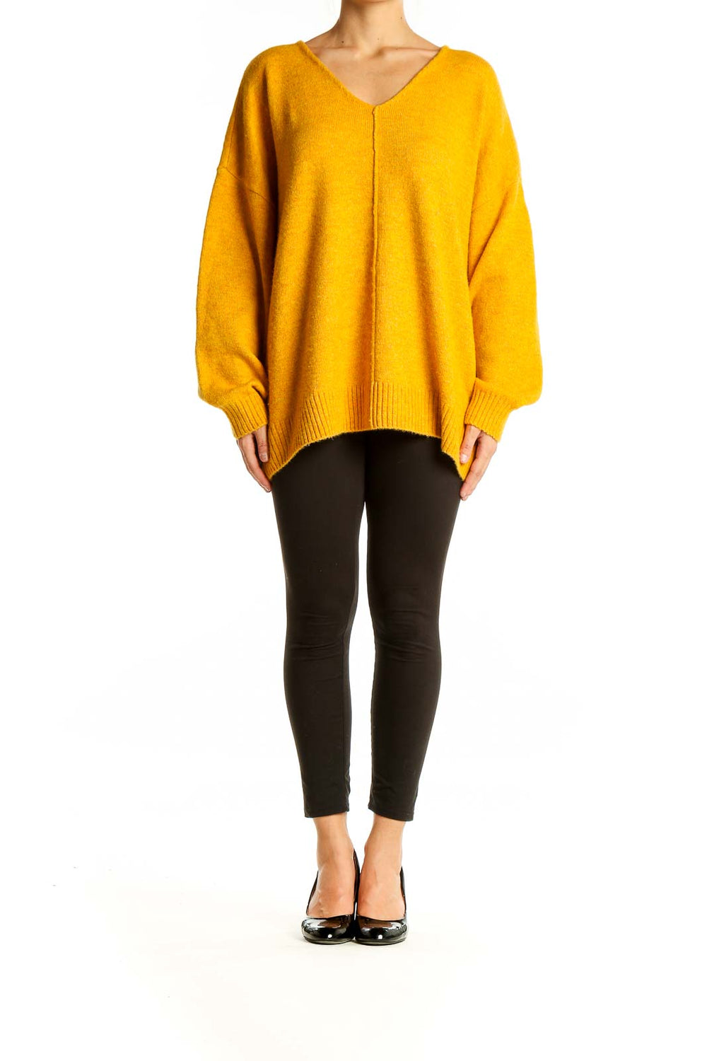 Front view of Vince Camuto yellow oversized V-neck knit sweater with balloon sleeves