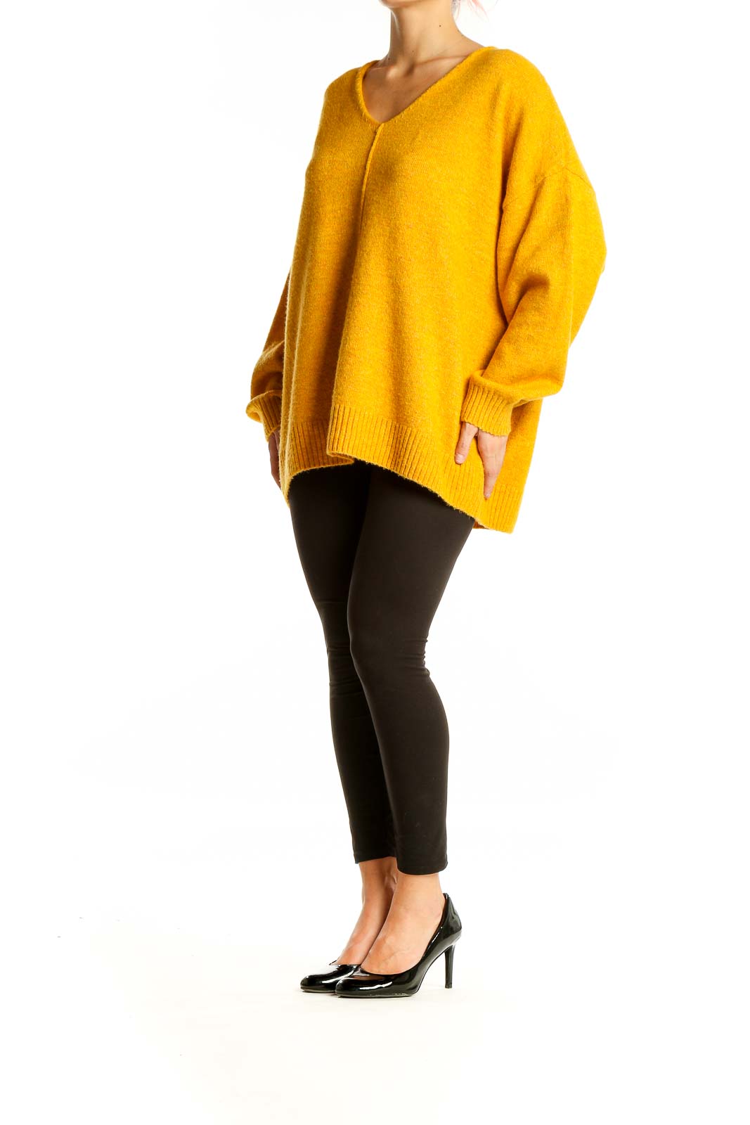 Front view of Vince Camuto yellow oversized V-neck knit sweater with balloon sleeves