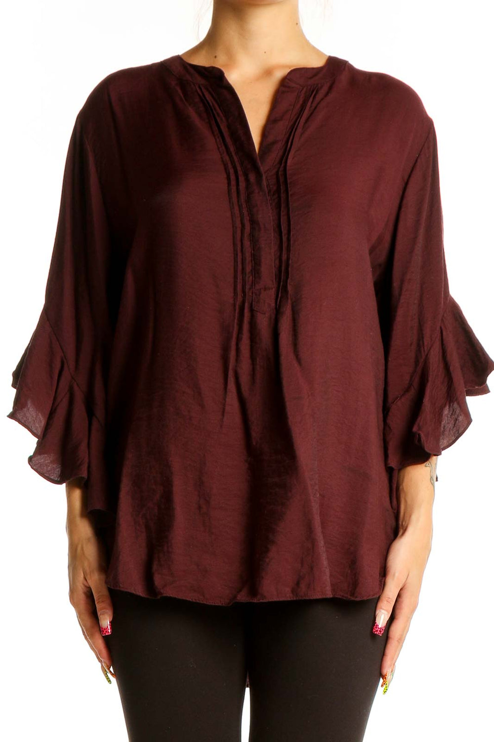 Front view of burgundy Vince Camuto blouse with bell sleeves and pleated neckline