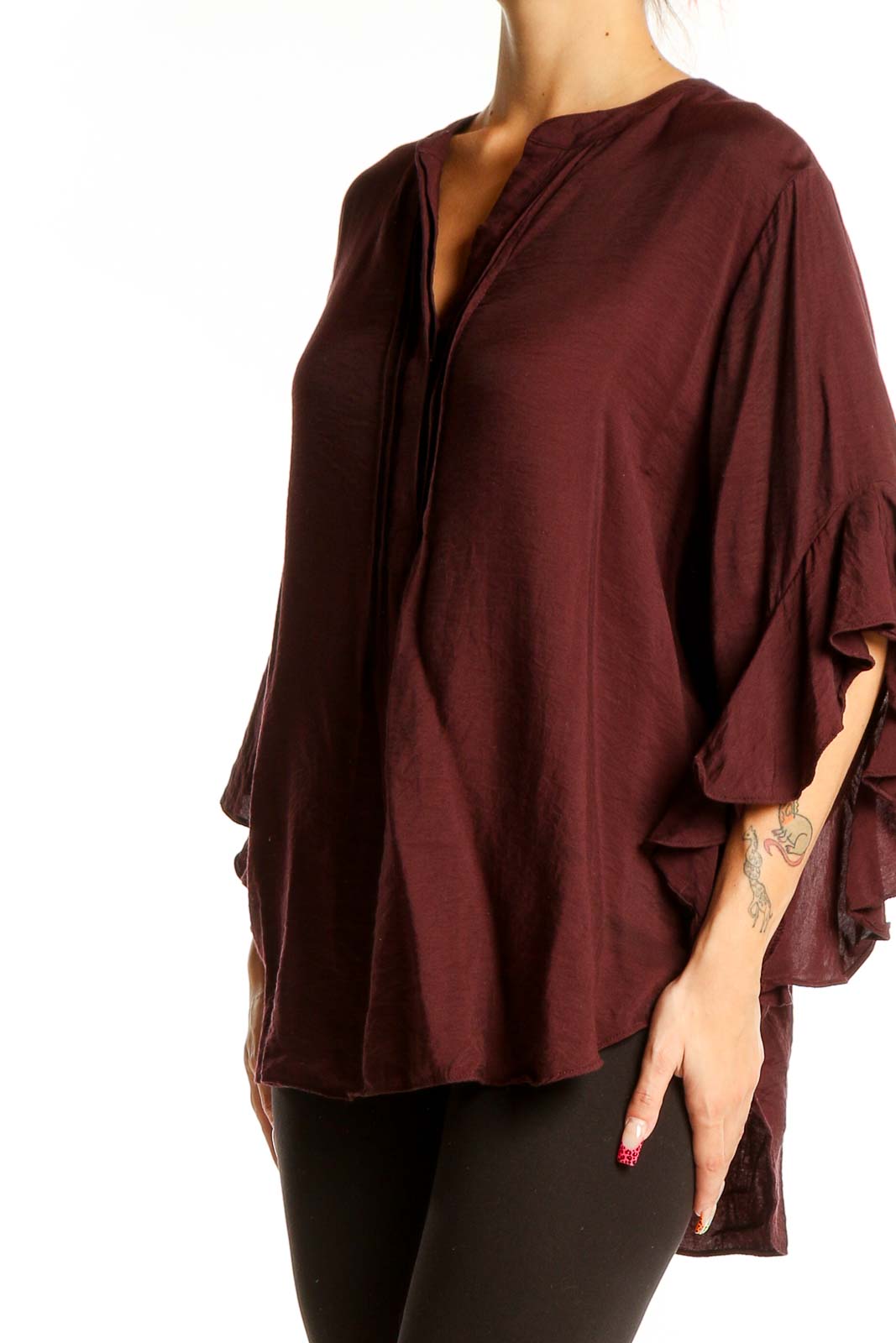 Front view of burgundy Vince Camuto blouse with bell sleeves and pleated neckline