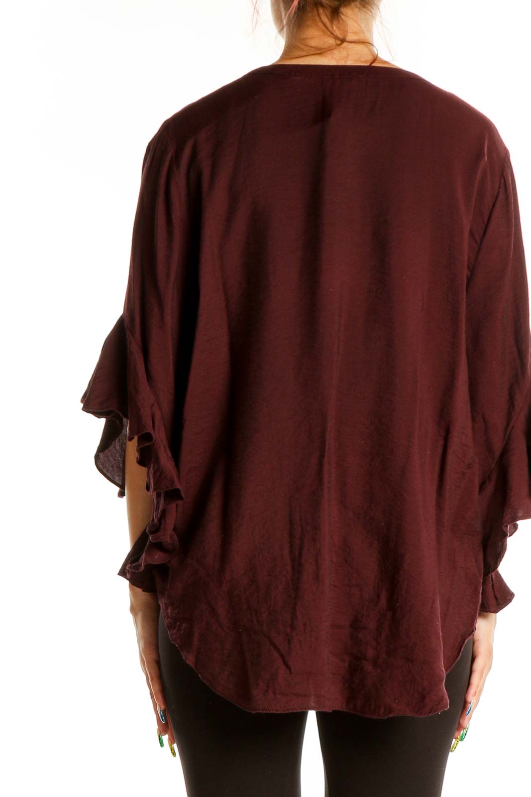 Back view of burgundy Vince Camuto blouse showing flowy silhouette