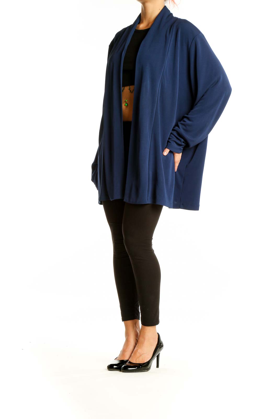 Front view of navy Lands' End open front cardigan on model