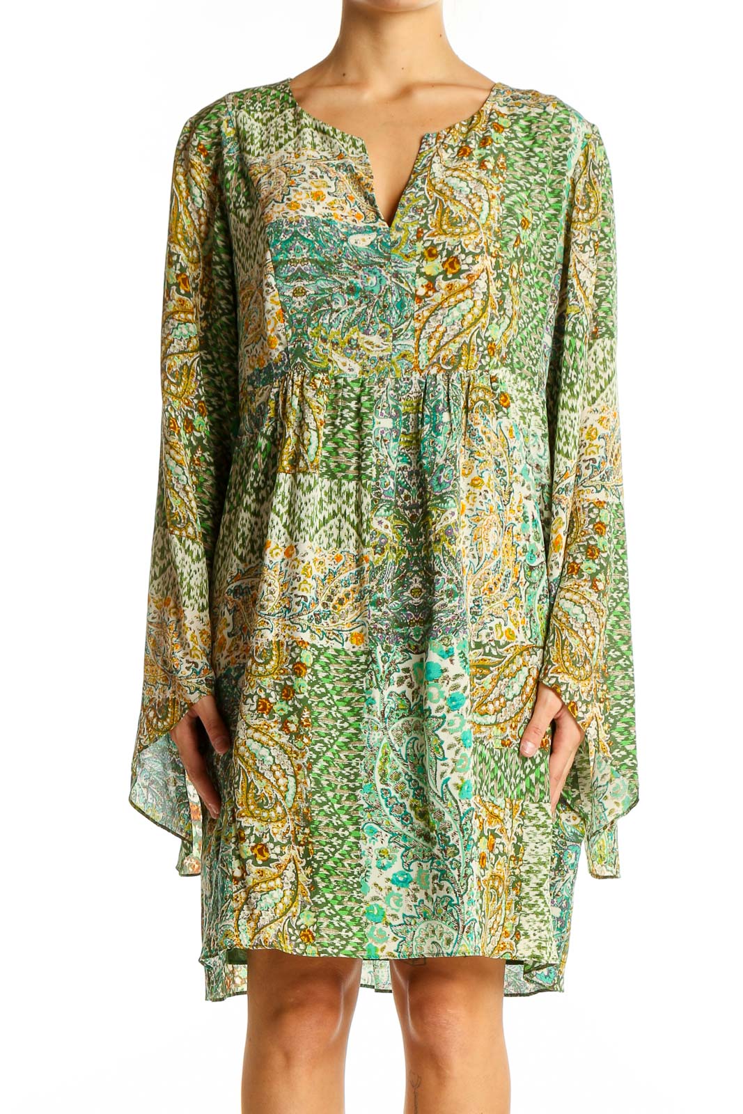 Front view of green paisley silk tunic dress with bell sleeves