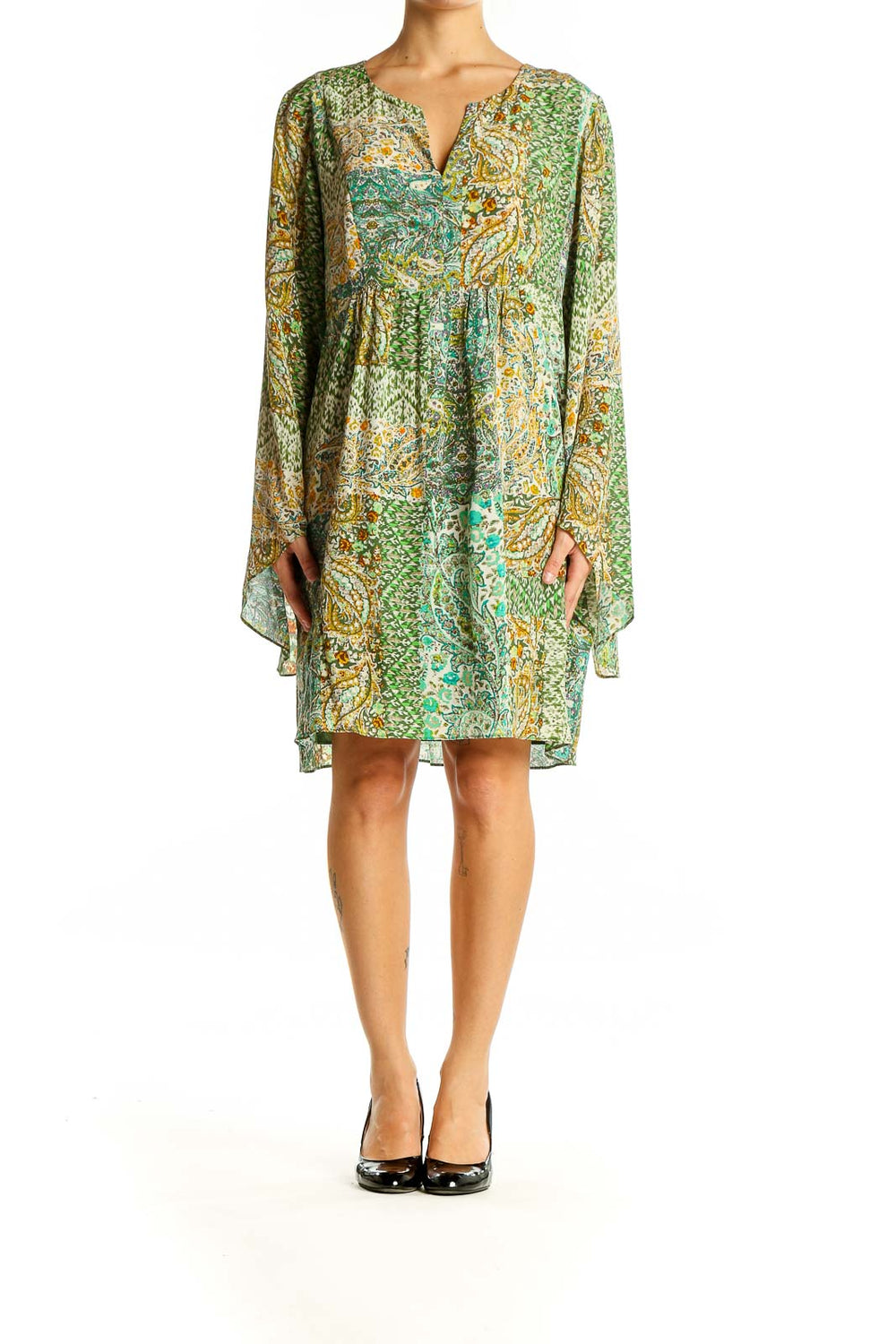 Front view of green paisley silk tunic dress with bell sleeves