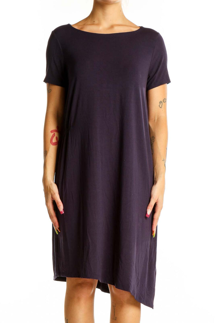 Front view of Eileen Fisher navy asymmetrical T-shirt dress