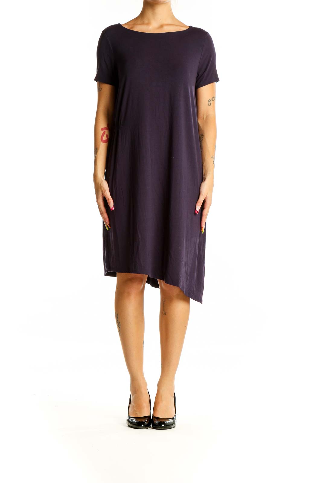 Front view of Eileen Fisher navy asymmetrical T-shirt dress