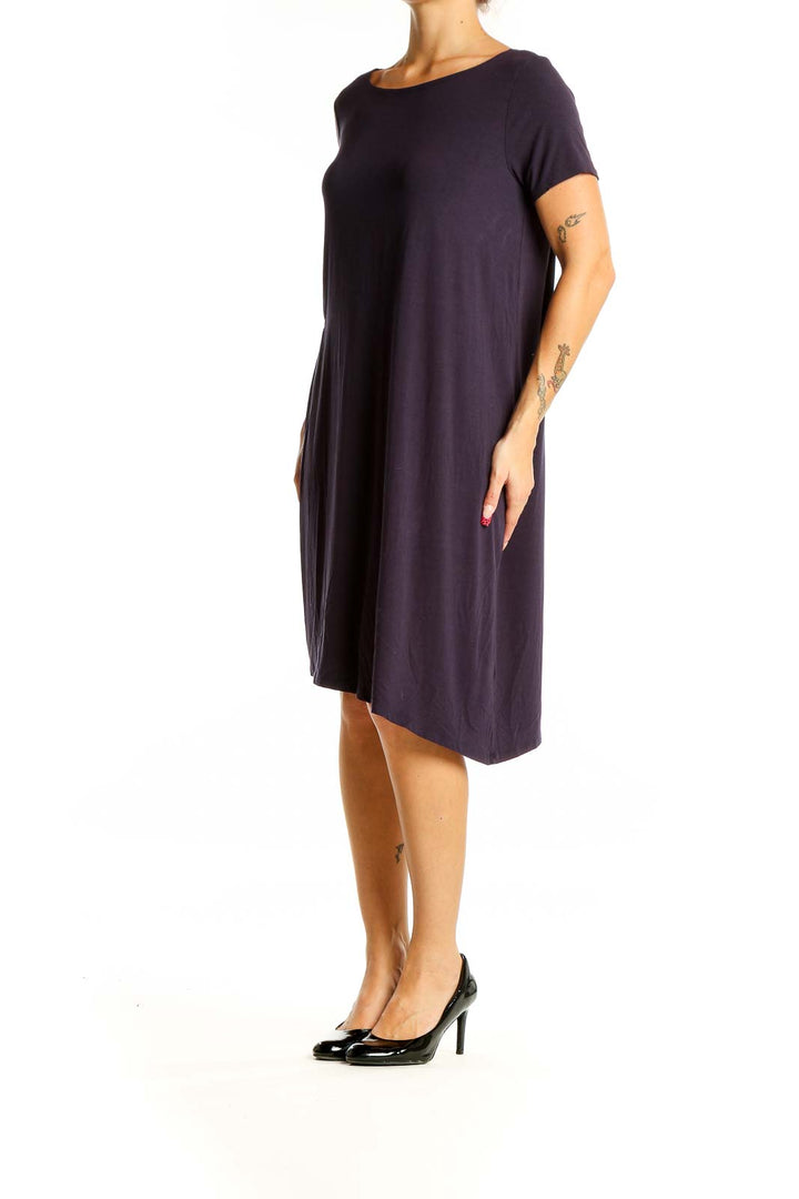 Front view of Eileen Fisher navy asymmetrical T-shirt dress