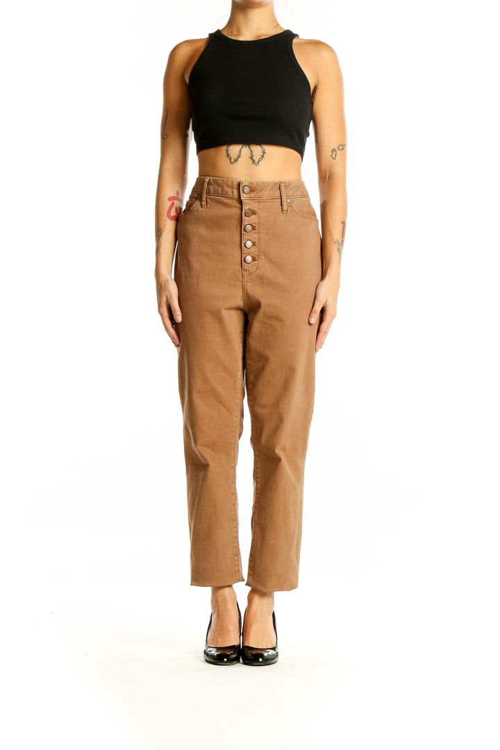 Front view of Simply Vera Vera Wang camel high-waisted button-front jeans