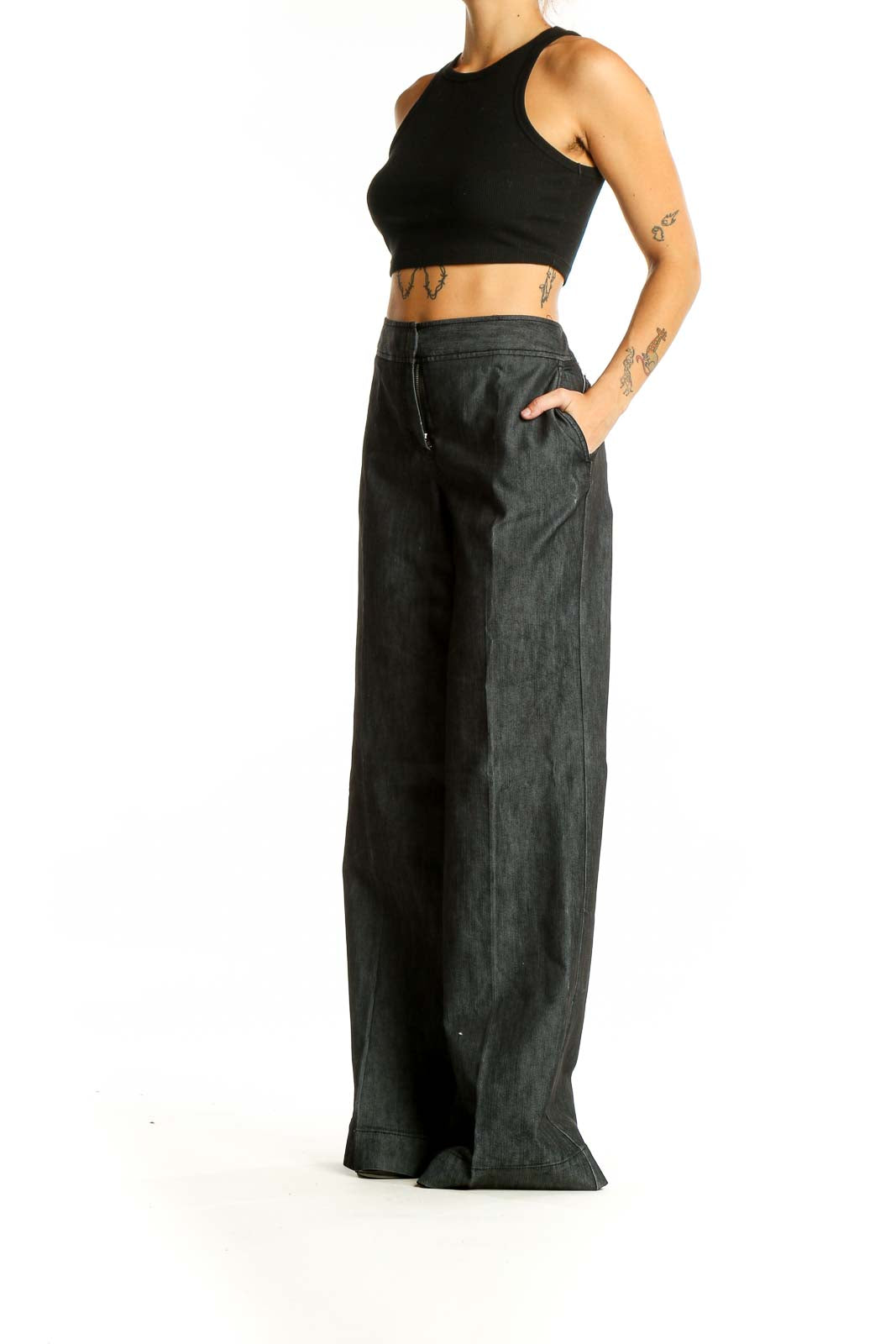 Black Wide Leg Solid Pants