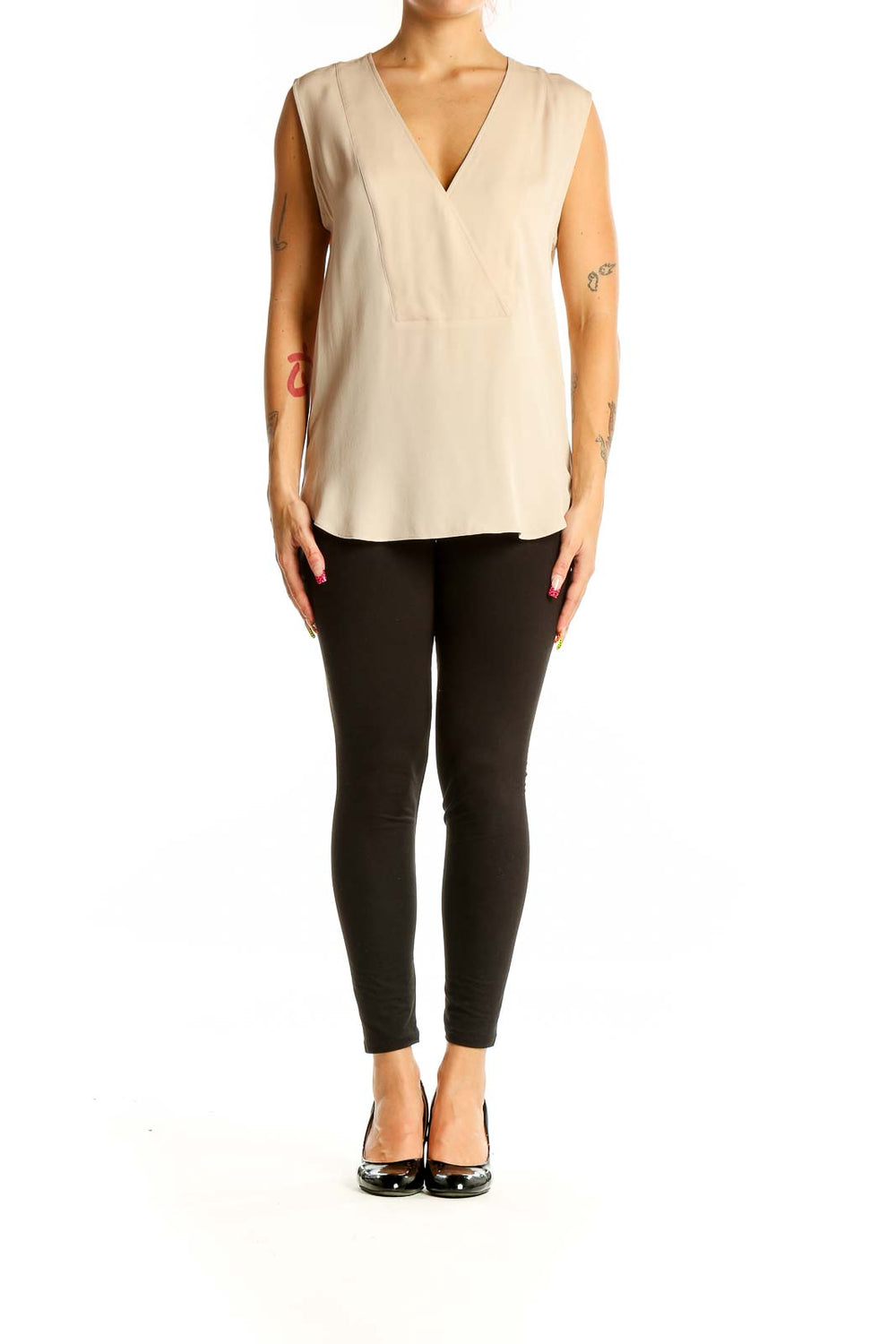 Front view of Theory beige sleeveless silk blouse with V-neck