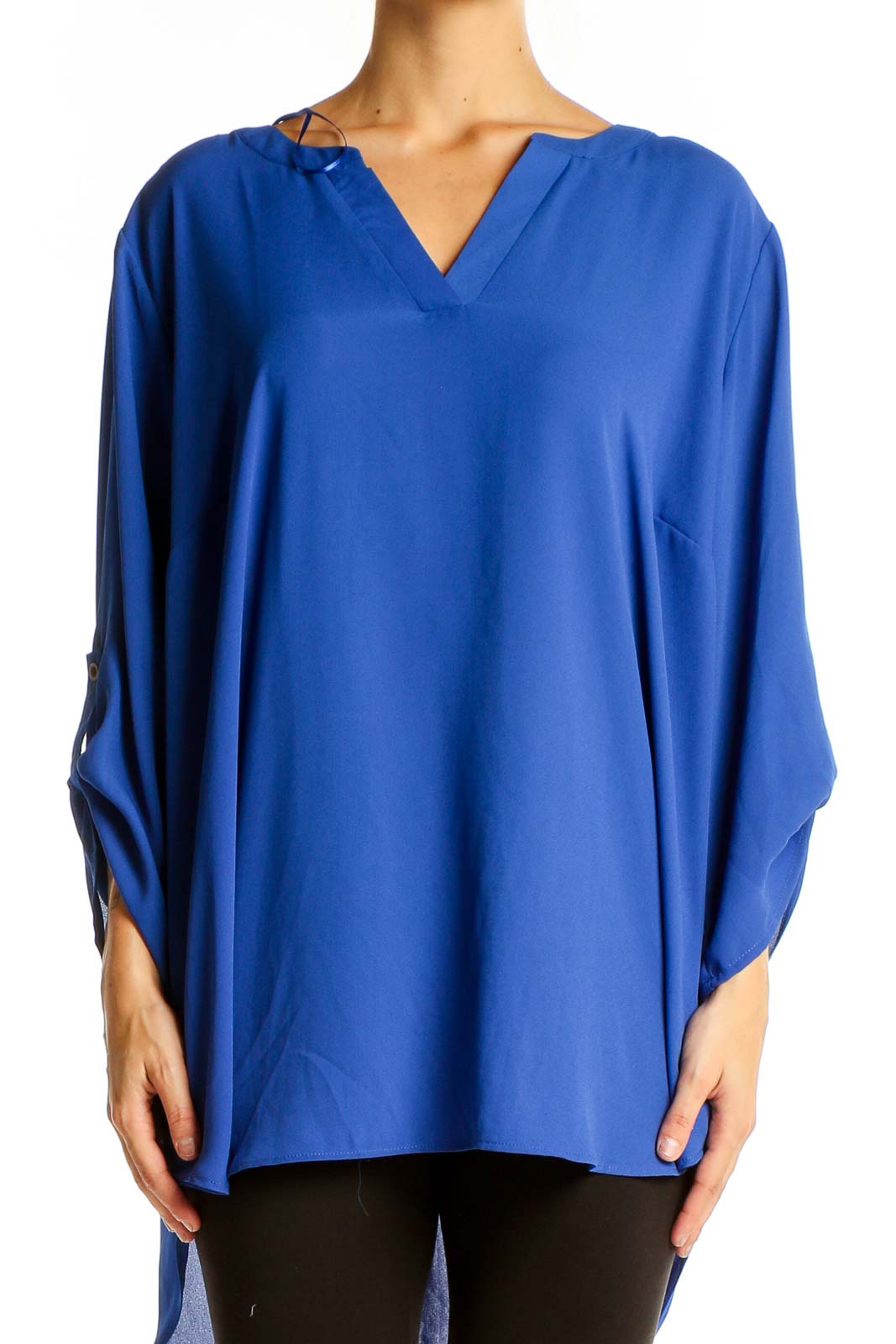 Front view of royal blue Chaus V-neck tunic top on model