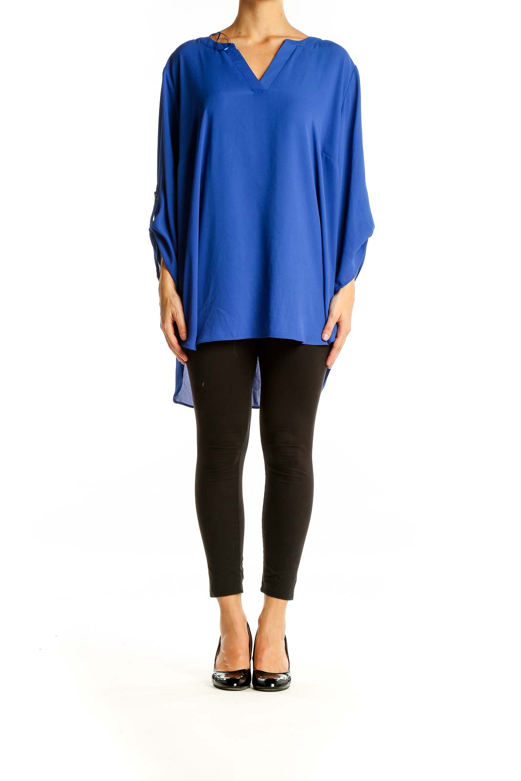 Front view of royal blue Chaus V-neck tunic top on model