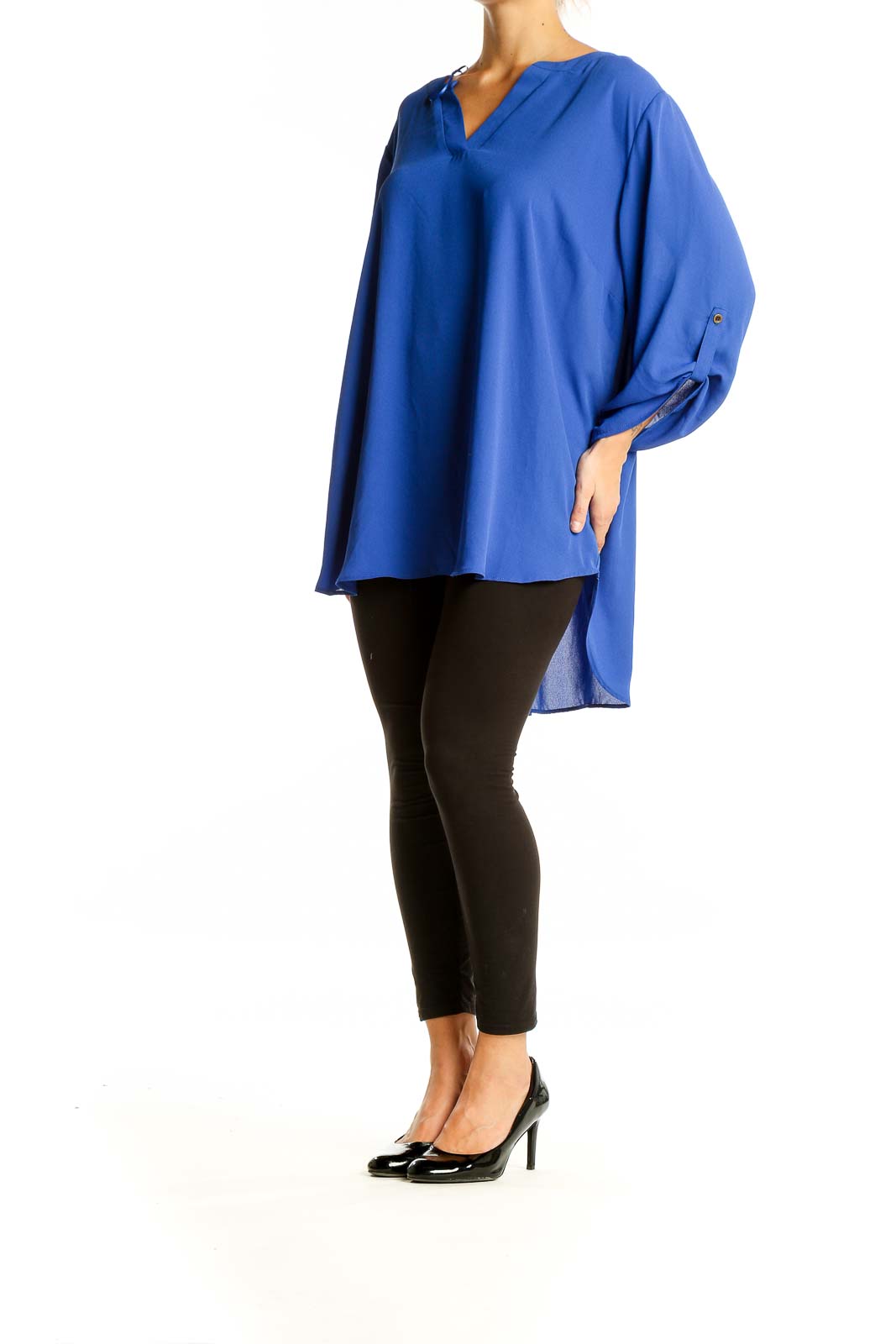 Front view of royal blue Chaus V-neck tunic top on model