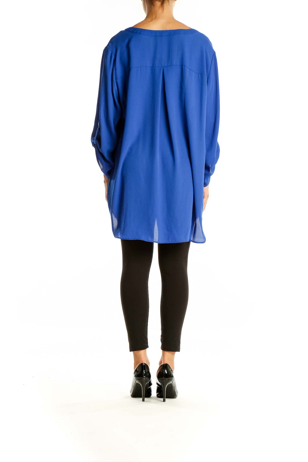 Back view of royal blue Chaus tunic top showing flowy design