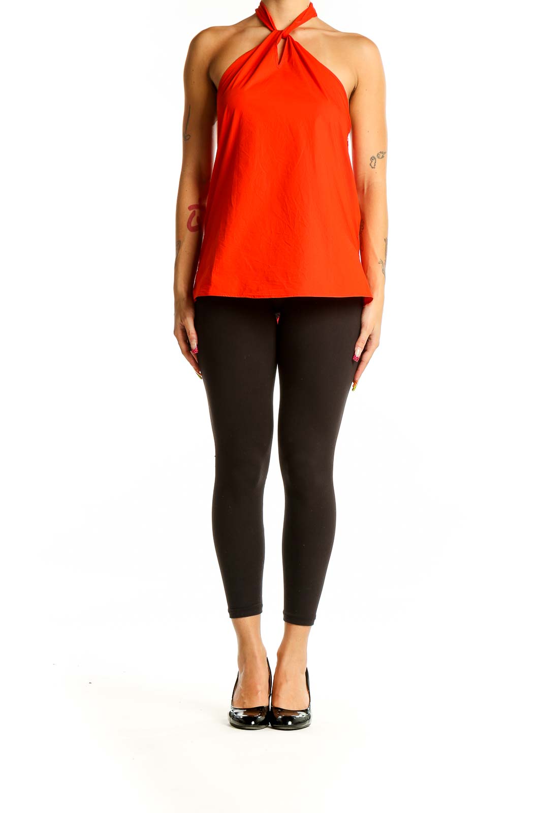 Front view of red J.Crew halter neck top with twisted neckline