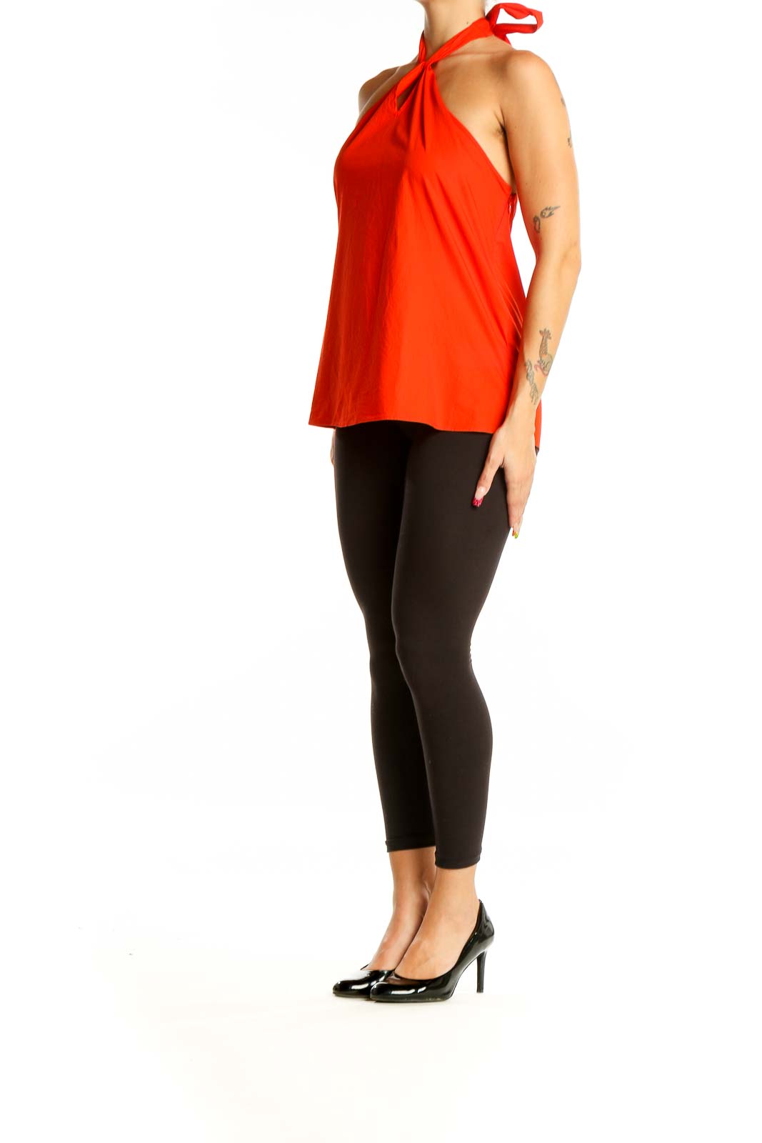 Front view of red J.Crew halter neck top with twisted neckline