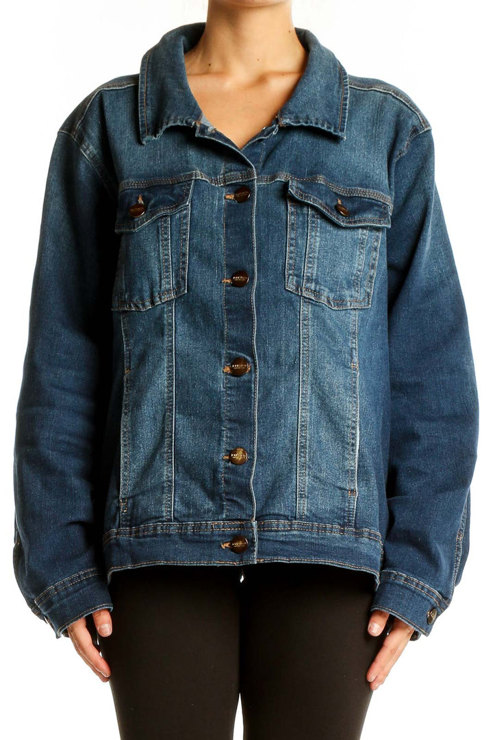 Front view of Jones & Co blue oversized denim jacket