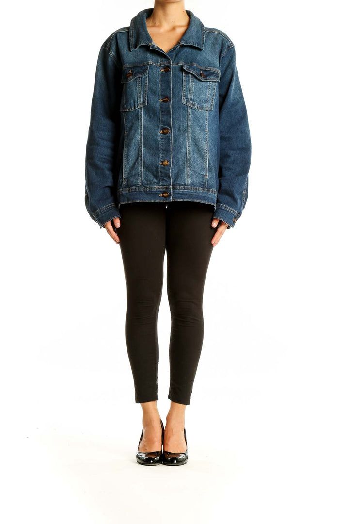 Front view of Jones & Co blue oversized denim jacket