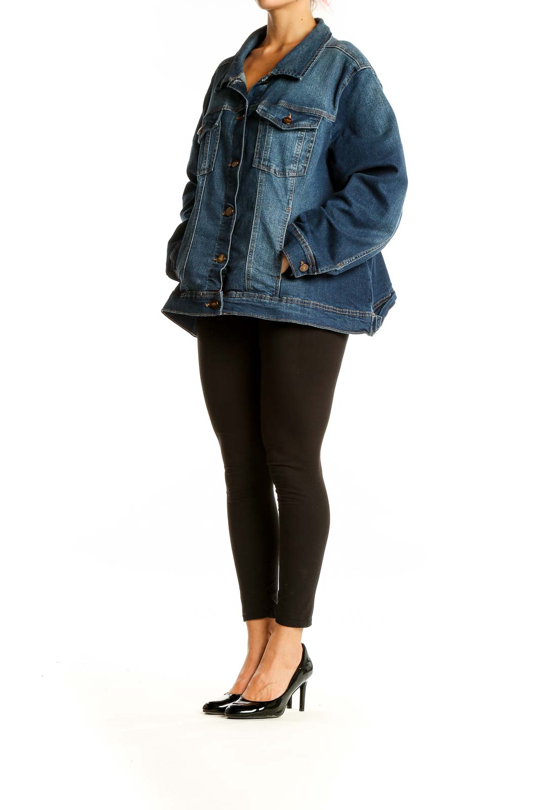 Front view of Jones & Co blue oversized denim jacket