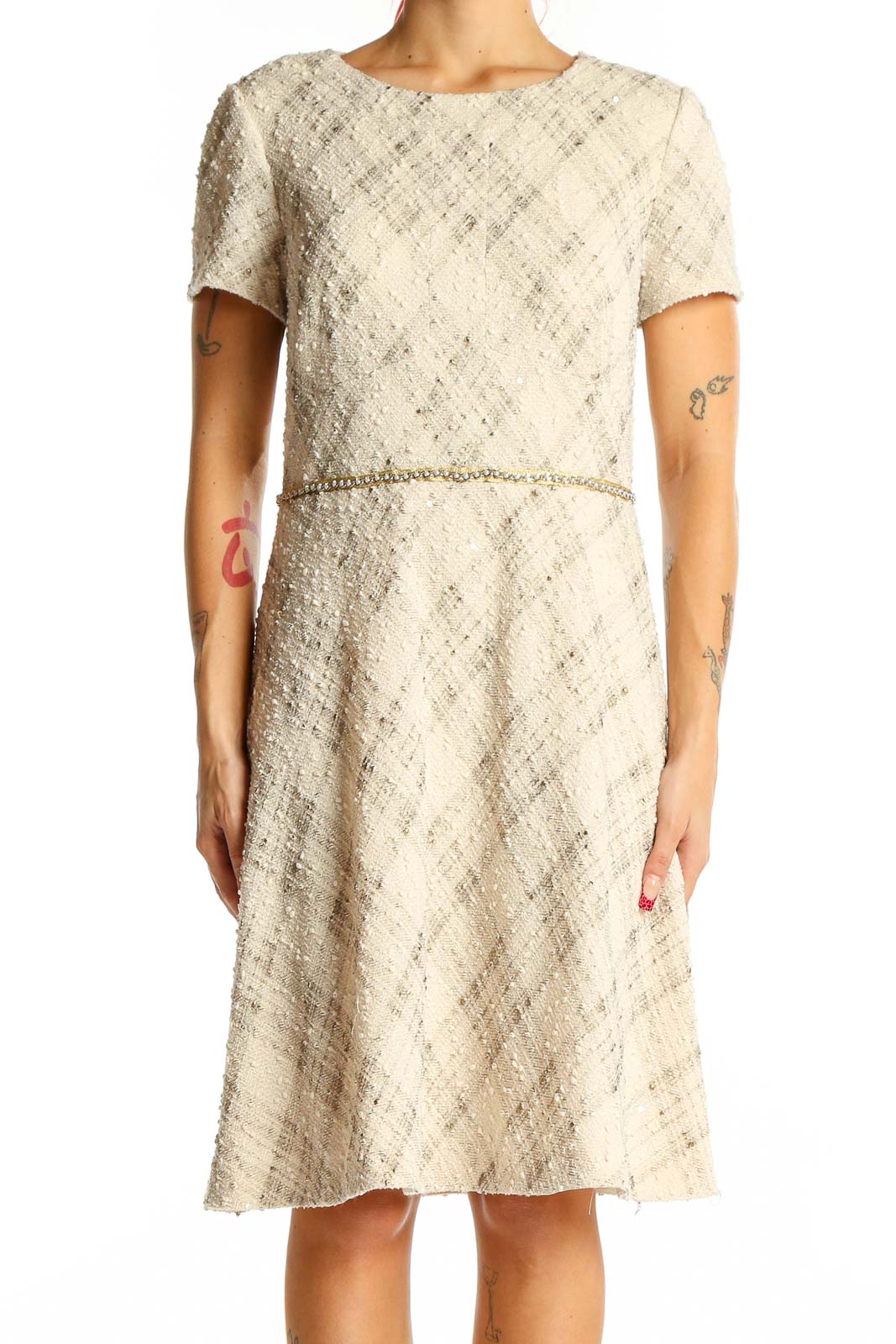 Front view of cream textured A-line cocktail dress by Tahari Arthur S. Levine