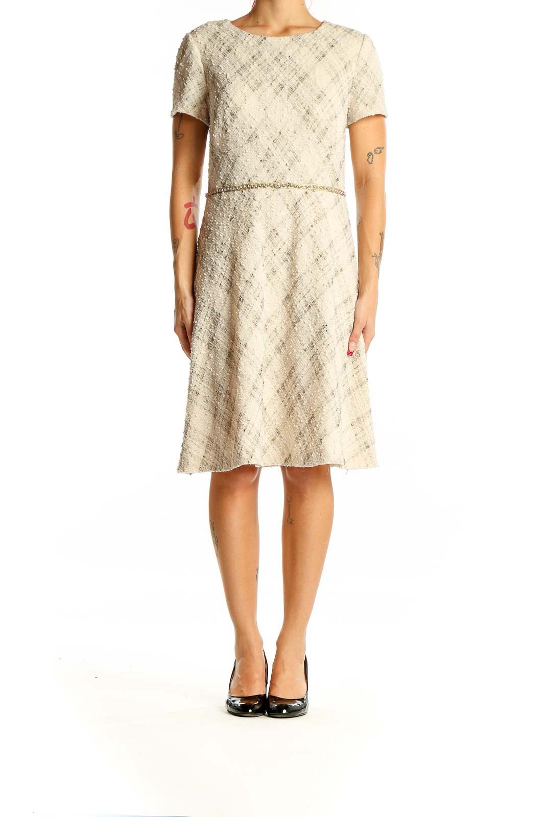 Front view of cream textured A-line cocktail dress by Tahari Arthur S. Levine