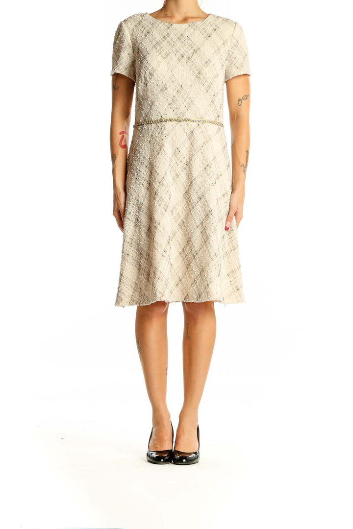 Front view of cream textured A-line cocktail dress by Tahari Arthur S. Levine