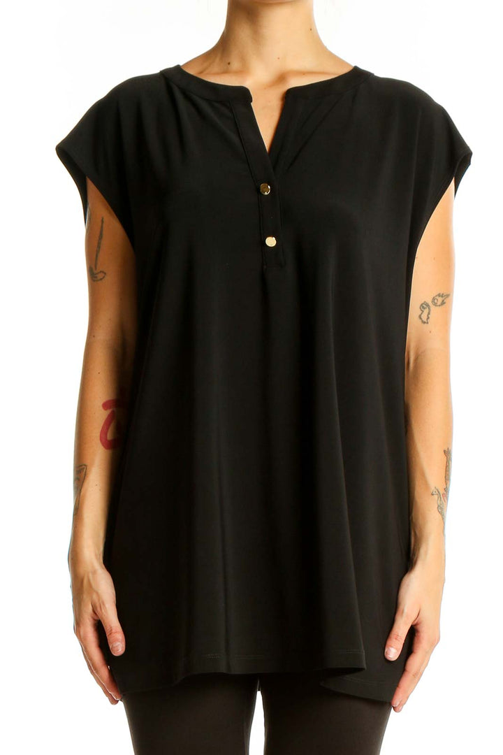 Front view of Anne Klein black sleeveless button-front tunic top