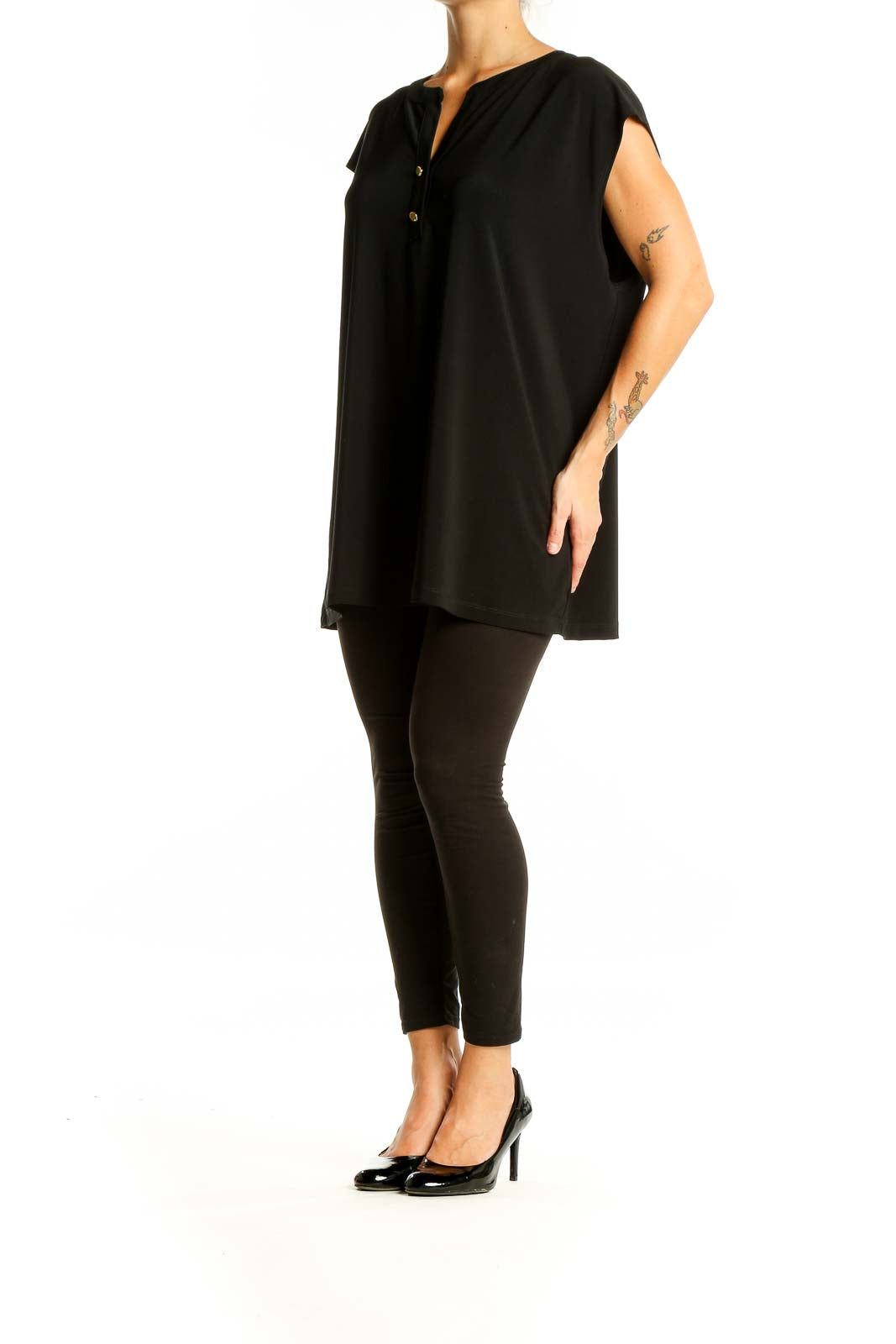 Front view of Anne Klein black sleeveless button-front tunic top