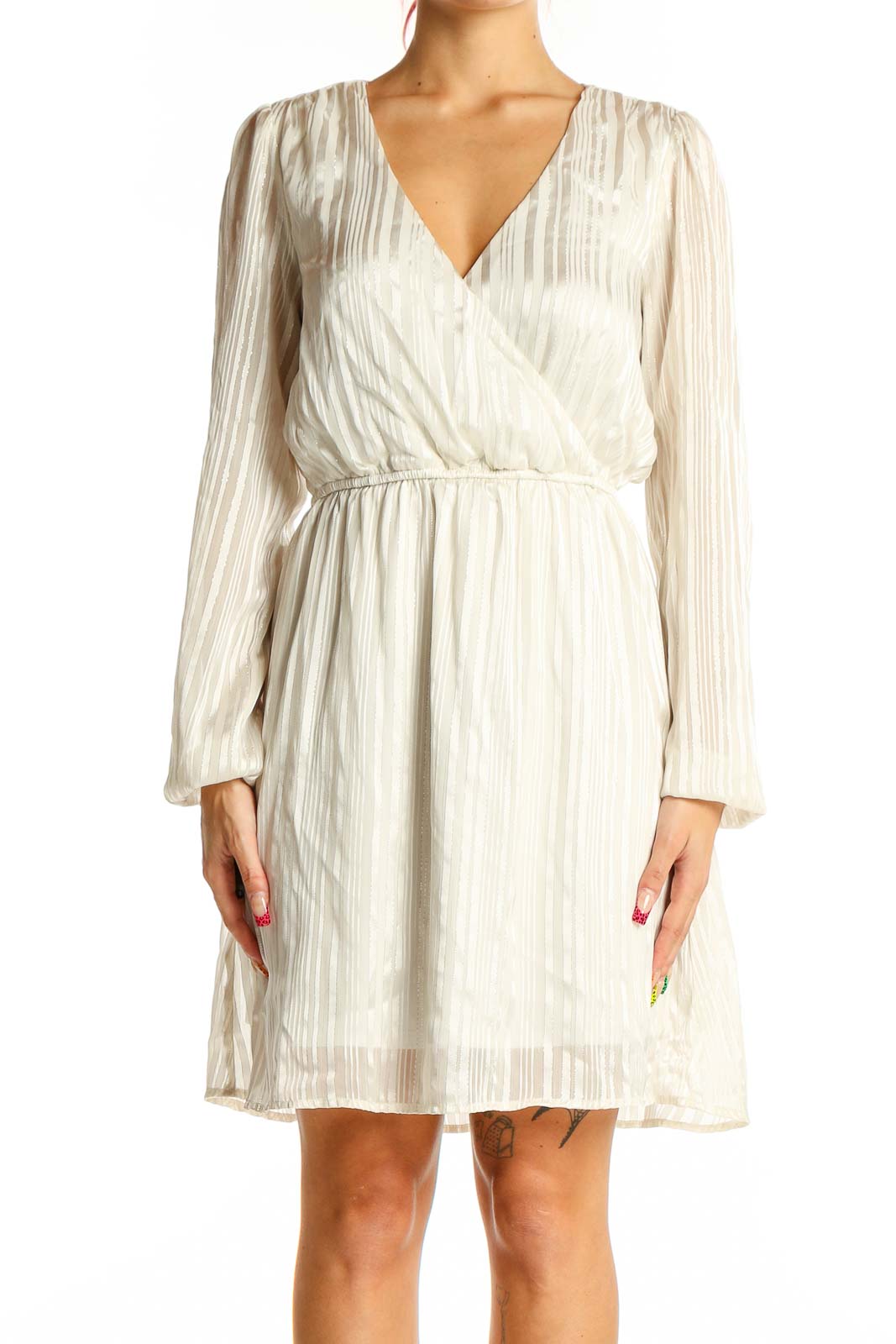 Front view of Express ivory striped wrap dress with V-neckline and long sleeves