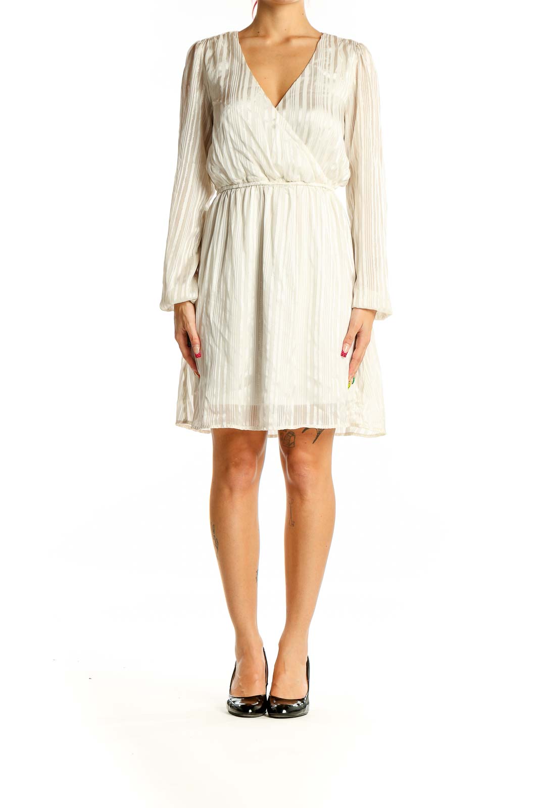 Front view of Express ivory striped wrap dress with V-neckline and long sleeves