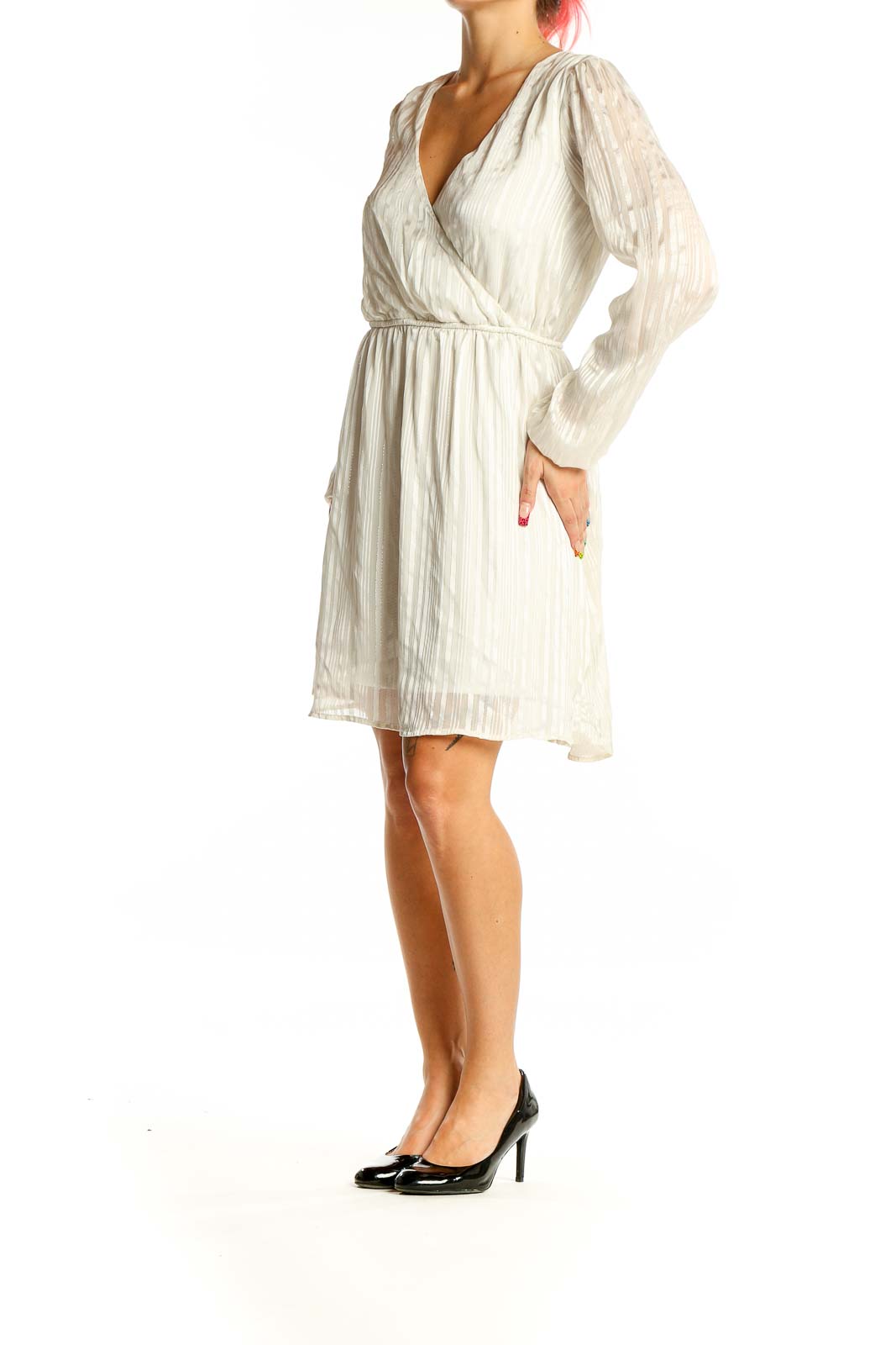 Front view of Express ivory striped wrap dress with V-neckline and long sleeves