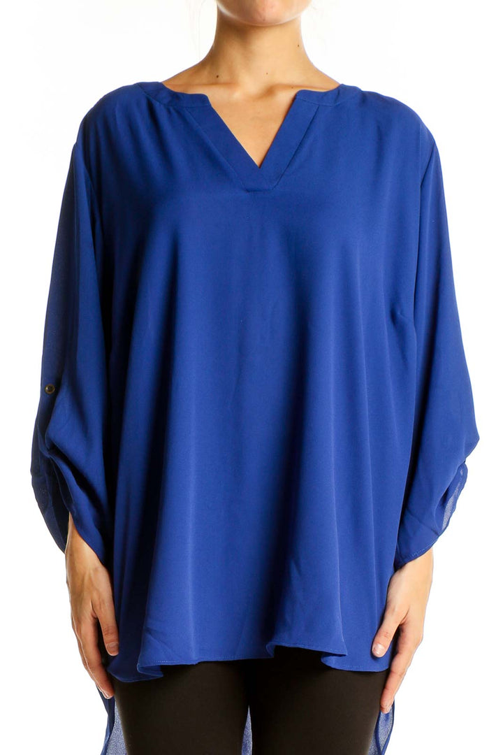 Front view of Vince Camuto royal blue V-neck tunic top