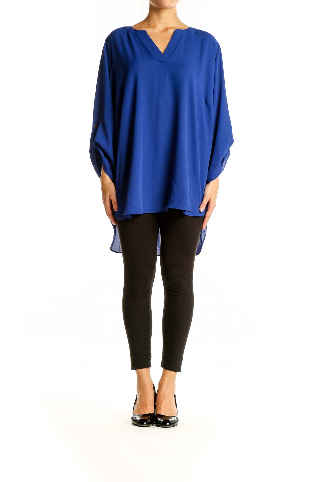 Front view of Vince Camuto royal blue V-neck tunic top