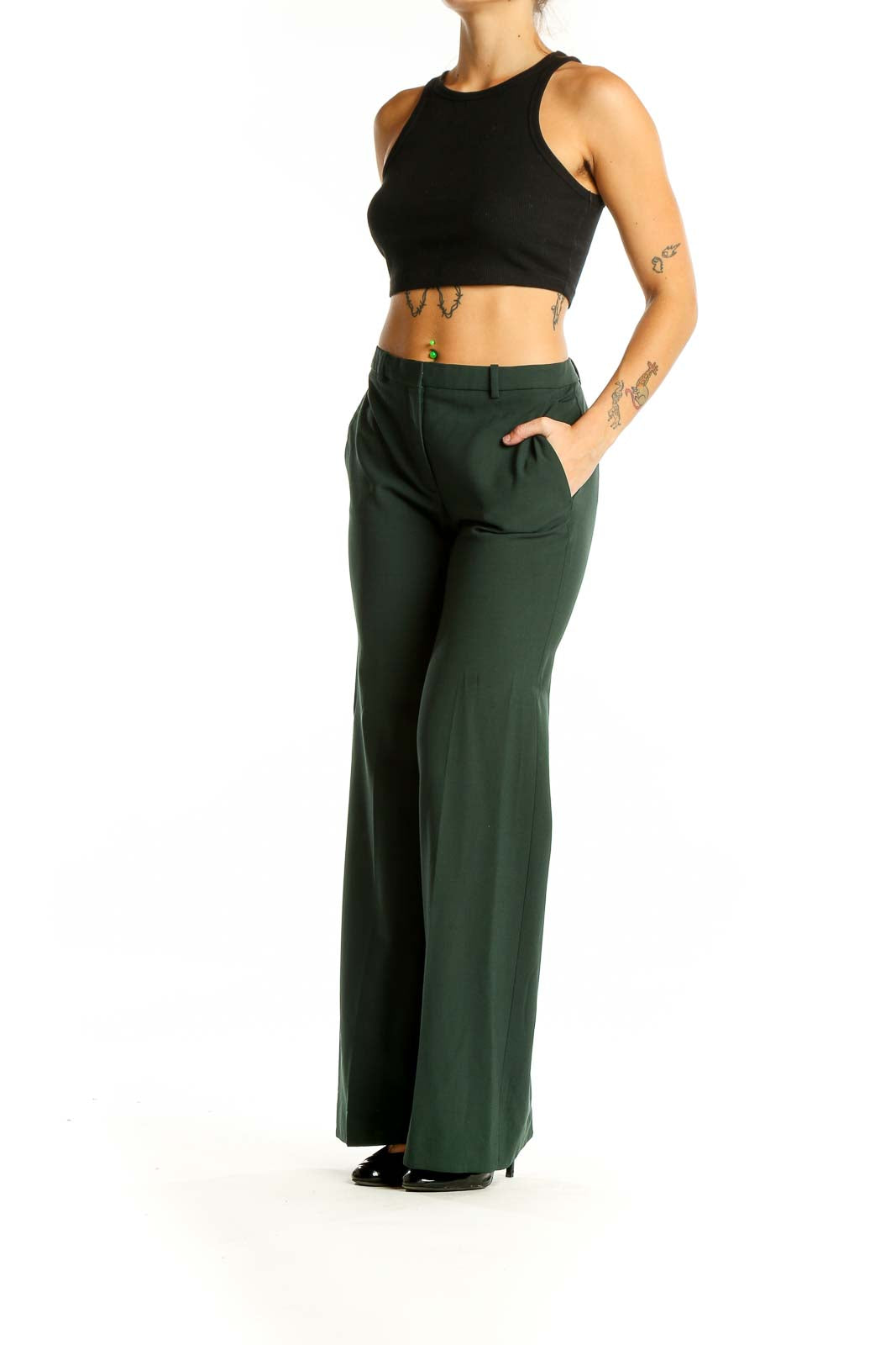 Green Wide Leg Wool Pants