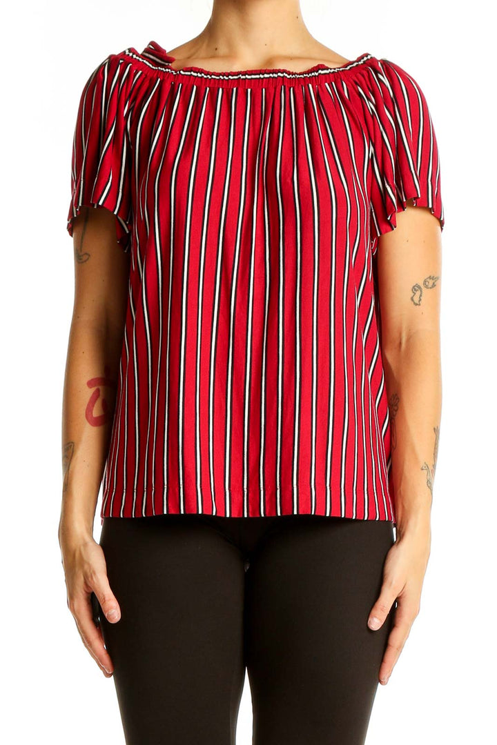 Front view of red striped off-shoulder blouse from LOFT