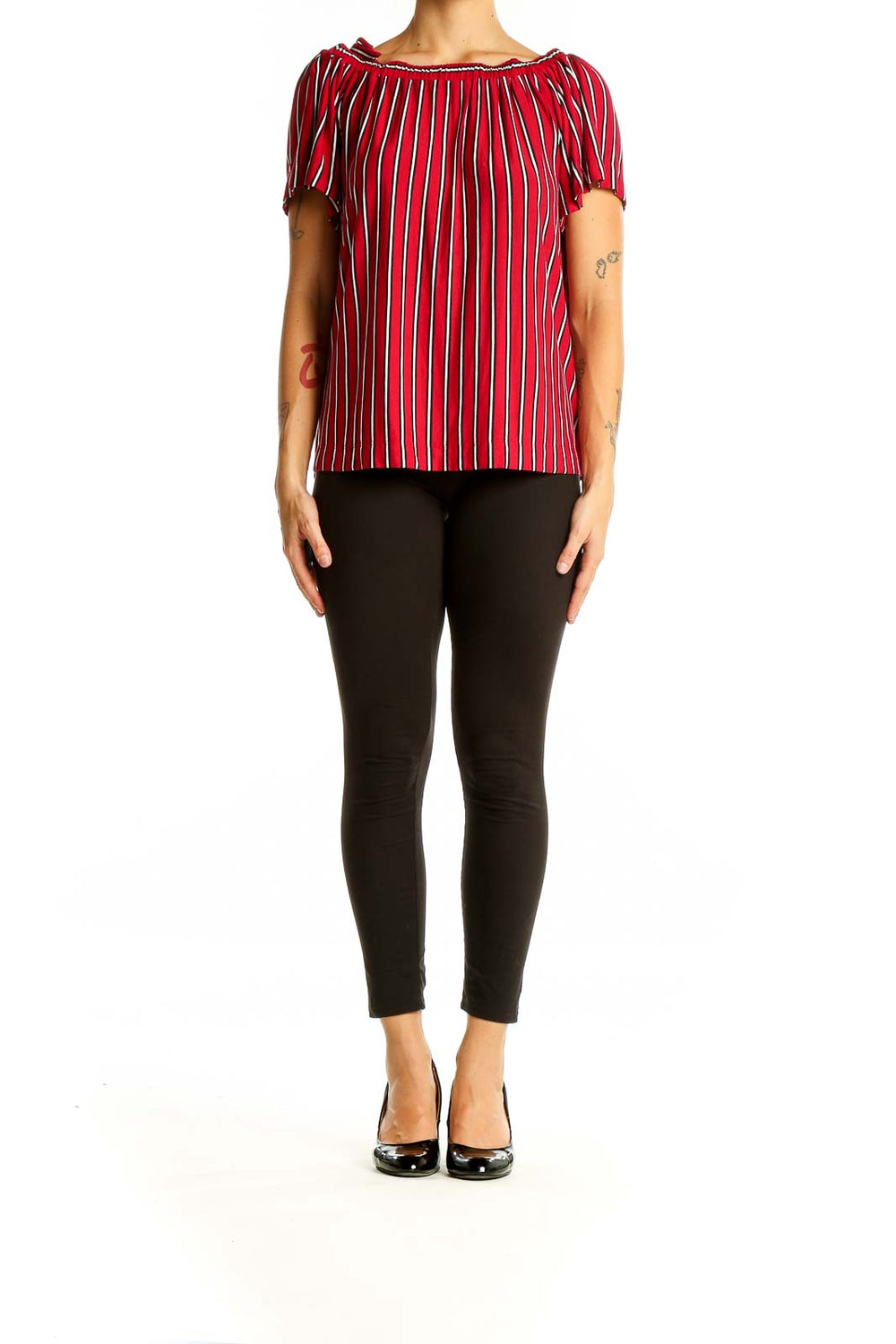 Front view of red striped off-shoulder blouse from LOFT